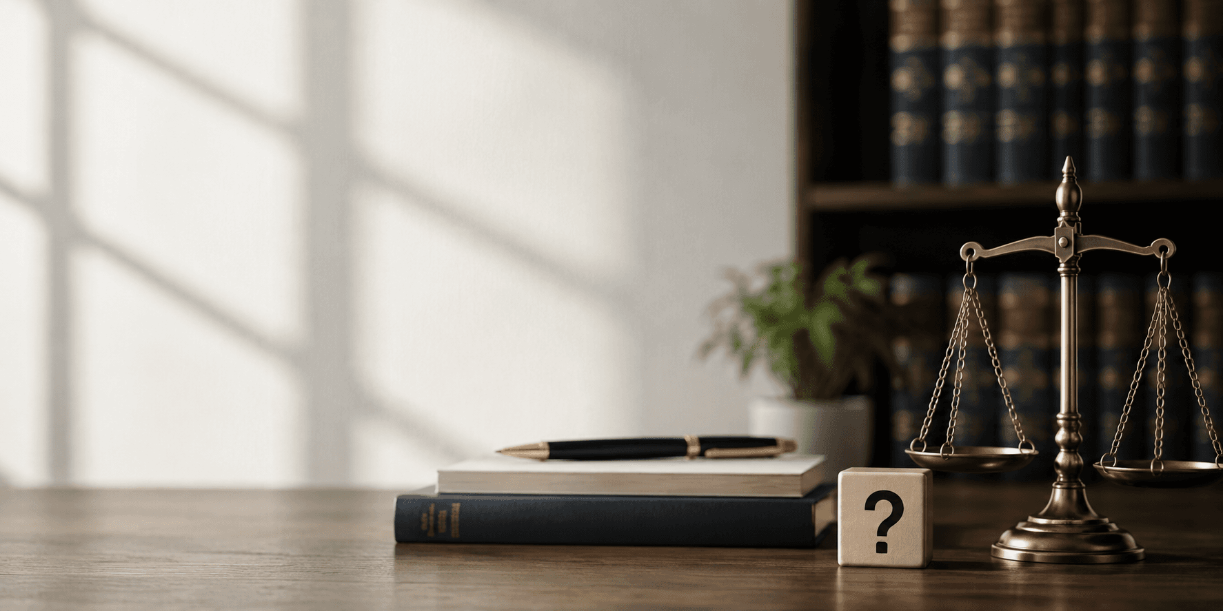 Balanza de la justicia, libros jurídicos y un cubo con signo de interrogación sobre un escritorio