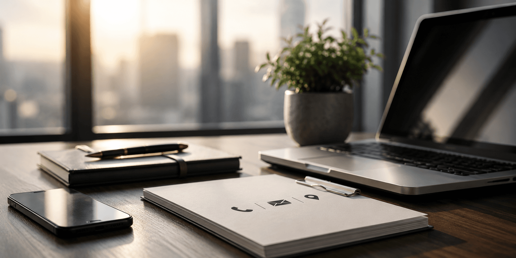 Escritorio de oficina con portátil, teléfono, documentación y una planta, con la ciudad al atardecer de fondo